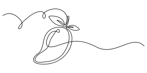 Poster - Continuous one single minimal line drawing mango, Continuous one line drawing of mango fruit with leaf. Mango fruit hand drawn single line art vector illustration,  Black line art on white background.