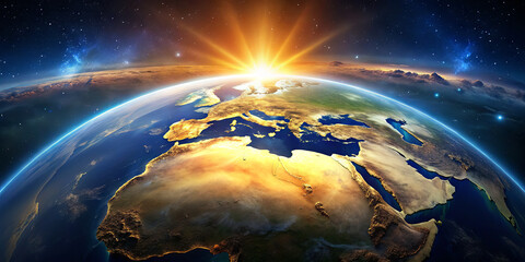 Poster - A breathtaking view showcases the sunrise illuminating the continents of Europe and Africa from a distance in space, highlighting the vibrant colors of the planet's surface
