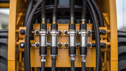 Poster - A closeup of the hydraulic lines and connectors that power the trench digging mechanism emphasizing the engineering behind its movement.
