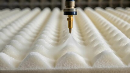 Poster - A closeup of the insulation material being dispensed capturing the texture and density of the foam as it exits the nozzle emphasizing its energyefficient properties.