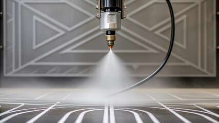 A closeup of the nozzle of a painting robot showing a fine mist of paint dispersing in an intricate pattern against the backdrop of a massive wall outline.