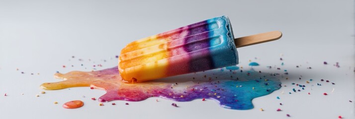 Aufkleber - Melting Rainbow Popsicle on a White Surface Creating Colorful Puddles of Sweetness Generative AI