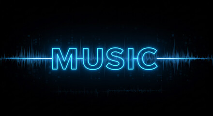 Aufkleber - Neon blue music sign glowing over sound wave on black background