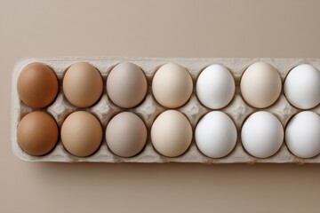 Poster - Gradient Background Highlights Elegant Arrangement of Various Egg Shades in a Carton Generative AI