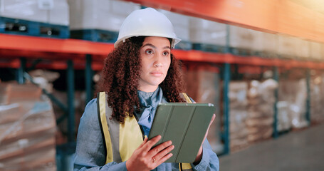 Poster - Warehouse, tablet and woman in logistics inventory checking boxes, shelf and stock management in distribution. Search, digital app and plant worker in cargo storage, global export and supply chain