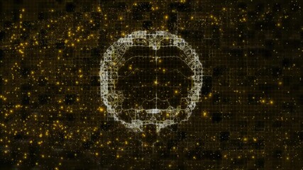 Poster - White fractal ring being visualized in digital grid scene, with lit golden particles gliding around