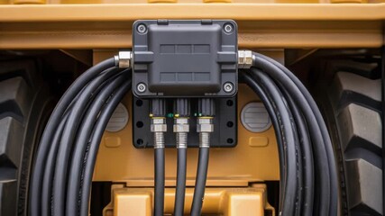 Poster - A closeup shot of a vibration sensor attached to heavy machinery with data cables connecting it to a central monitoring system highlighting its rugged exterior.