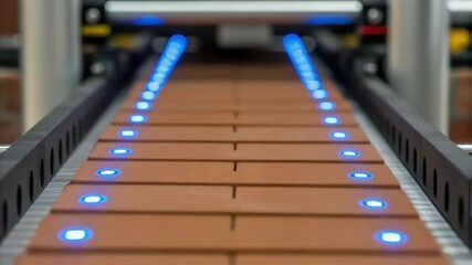Aufkleber - A closeup showing a sensor scanning the bricks as they move along the line with small blue LED lights blinking to indicate functioning status.