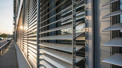 Aufkleber - A closeup showing metallic fins that open and close like shutters in response to the time of day creating a dynamic interplay between light and shadow across the facade.