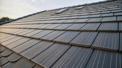Poster - A closeup view of textured solar roofing tiles featuring a unique pattern blending aesthetically with traditional roofing materials while harnessing solar energy.
