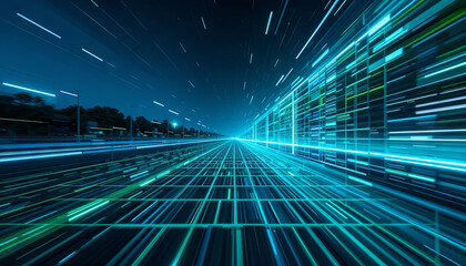 Fototapete - Bright lines of blue and green illuminate a dark, digital terrain, conveying a fast-paced, futuristic atmosphere. The abstract pattern creates an illusion of movement and depth in space