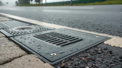 Poster - Water drops rhythmically falling through metal grate, capturing urban drainage system functioning during steady rainfall, managing surface water flow across paved roadway infrastructure