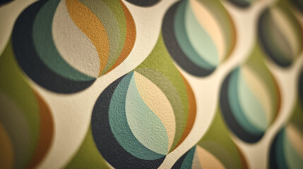 Poster - Close up of a retro wallpaper with repeating leaf shapes in shades of green blue and beige color scheme