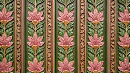 Poster - A close view of wall panels adorned with botanical motifs showcasing a blend of earthy greens and floral pinks that change dynamically highlighting the harmony of nature and