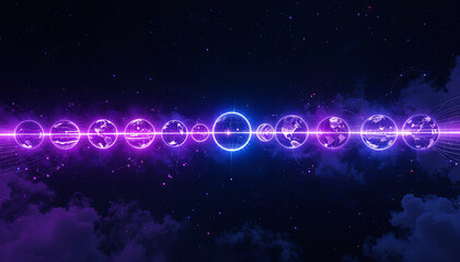 Poster - Celestial bodies are arranged in a horizontal line, radiating energy. Each planet features detailed textures with glowing outlines, set against a star-filled twilight sky