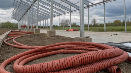 Aufkleber - A detailed shot of flexible fire suppression tubing coiling along the framework of a temporary structure demonstrating resilience and adaptability to various environments.