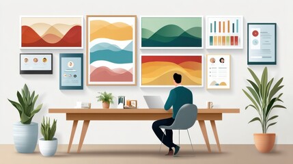 Poster - Modern workspace featuring dashboard concepts and vibrant graphic art on walls