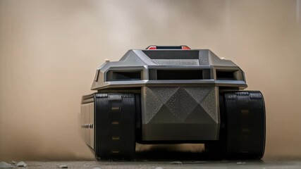 Aufkleber - A dynamic shot of a robotic ter in action throwing fine stone particles as it transforms a rough surface into detailed geometric shapes with motion blur emphasizing speed.