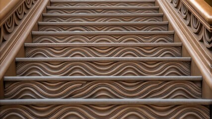 Poster - Elegant wooden staircase design with undulating, wavy steps creating mesmerizing visual rhythm, highlighting architectural creativity and contemporary interior styling