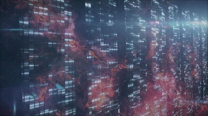 Poster - Glowing data bars streaming across 3D panel in cyberspace, swirling red waves casting lens flares