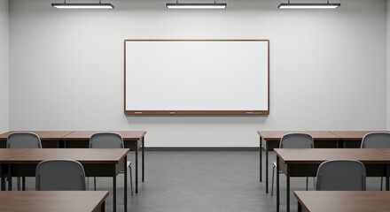 Poster - Empty classroom with whiteboard and desks ready for studying