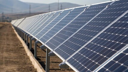 Fototapete - A medium closeup focusing on a row of photovoltaic panels installed at different angles emphasizing the play of light and shadow across their surfaces.