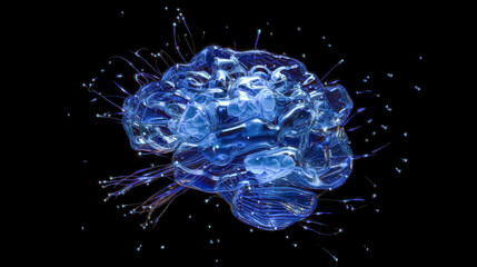 Poster - Futuristic concept image of a glowing blue digital brain connected by dynamic, flowing neural strands in a dark space
