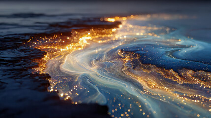 Poster - Abstract landscape with glowing gold and white fluid streams resembling molten light flowing across a dark textured surface
