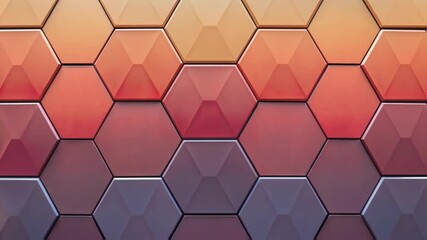 Poster - A medium closeup image focusing on a series of interlocking hexagonal wall panels each shifting color from warm reds to cool purples reflecting a modern architectural design.