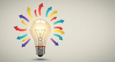 Poster - Glowing light bulb with colorful arrows pointing towards it representing innovative ideas