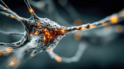 Poster - Highly detailed neuron structure with glowing orange impulses, symbolizing neural activity, artificial intelligence, or biological networks
