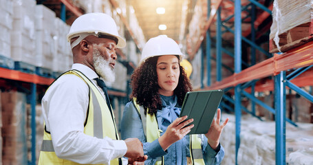 Poster - Warehouse, team and tablet for distribution, planning storage or stock management with supervisor. Shipping, engineer or people with technology for discussion, inventory or logistics for supply chain