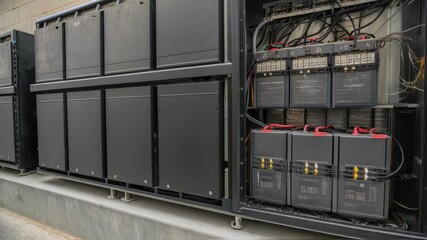 Poster - A medium closeup of a batterydense wall section highlighting the intricate connections between individual units and a central management system all encased in a sleek