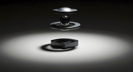 Poster - A still life of a black sphere floating between two metal rings above a black square base object