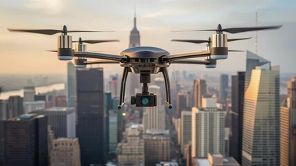 Poster - A medium closeup of a construction drone hovering above a tall structure highlighting its propellers and sy build with an urban landscape in the background.
