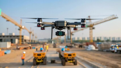 Poster - A medium closeup of a construction site with AIdriven drones hovering above capturing aerial footage for monitoring emissions and compliance with environmental standards.