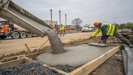 Poster - A medium closeup of a construction site where a new foundation is being poured using a sustainable concrete substitute with contrasting speckles of diverse industrial waste