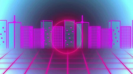 Poster - Stylized neon city skyline pulsing above receding grid floor, in retro-futuristic digital landscape