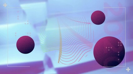 Poster - Magenta spheres floating over blurred laptop keyboard surface, showing neon waves and plus symbols