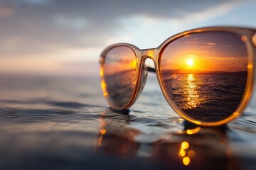 Poster - Reflections of a Breathtaking Sunset on the Ocean Viewed Through Stylish Sunglasses During a Tranquil Evening Generative AI