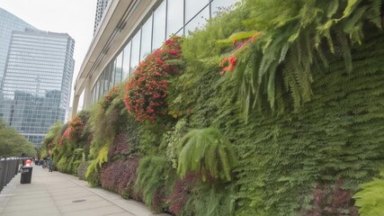 Poster - A medium closeup of a living wall adorned with cascading ferns and colorful flowering vines highlighting the intricate textures of the foliage against a modern urban backdrop.