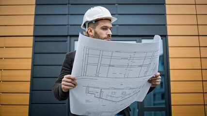 Aufkleber - A medium closeup of an architect examining a blueprints for cladding installation juxtaposed against a backdrop of the finished fireresistant exterior underscoring the harmony