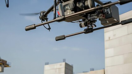 Poster - A medium closeup of an automated drone in flight over a construction site capturing data fed into machine learning systems for enhanced risk evaluation and site monitoring.