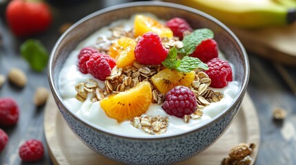 Poster - Bowl of yogurt decorated with fresh raspberries, mandarin, kiwi and granola for healthy breakfast