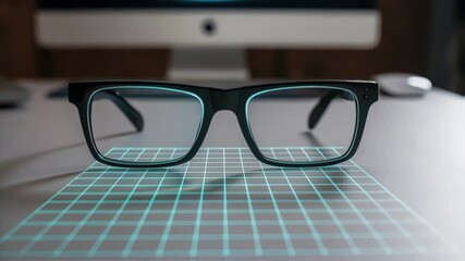 Poster - A medium closeup of a pair of smart glasses on a desk with a faint holographic grid projected in front indicating spatial measurements for an accurate setup.