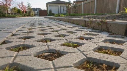 Poster - A medium closeup of a permeable paving system illustrating the integration of porous materials that allow water drainage while enhancing heat capture.