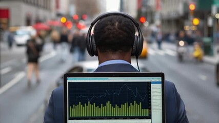 Poster - A medium closeup of a professional wearing headphones engaged in analyzing acoustic data on a laptop with a detailed graph of noise reduction levels displayed on the screen and a
