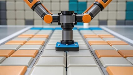 Poster - A medium closeup of a robotic tile installer maneuvering around obstacles with attention on the articulated joints and flexible design that facilitate tight corner placements.