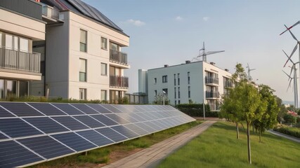 Poster - A medium closeup of a row of wind turbines integrated into a modern residential complex with solar panels nearby symbolizing a hybrid renewable energy solution.