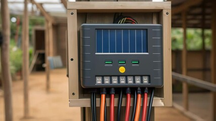 Poster - A medium closeup of a solar charge controller with wires neatly organized demonstrating its role in managing energy for various site tools in a rustic setting.